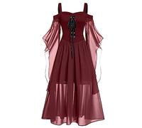 Generico Vestito Halloween Donna, Costume Medievale retrò Curvy Lungo Abito Carnevale Gotico Vestito da Sera in Pizzo Abito Cerimonia Vestiti Vampiro Cosplay Vino XXL