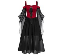 Generico Vestito Halloween Donna, Costume Medievale retrò Curvy Lungo Abito Carnevale Gotico Vestito da Sera in Pizzo Abito Cerimonia Vestiti Vampiro Cosplay Vermilion XL