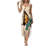 Generico Vestito Lino Donna Estivo Elegante Floreale Prendisole Girocollo Senza Maniche con Tasche Copricostume Mare Spiaggia Taglie Comode Curvy Bohemien Abbigliamento per Il Tempo Libero