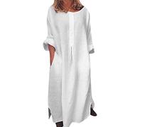 Generico Vestito Lino Donna Estivo, Vestito Donna Elegante Curvy, a Maniche Corte Abiti Offerte di Primavera Tinta Unita Scollo V Vestiti da Spiaggia per La Primavera E L'Estate Confortevole