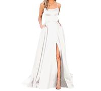 Generico Vestito Lungo Donna Elegante,Abiti da Donna Lungo Senza Maniche Schiena Scoperta in Raso Abito Vita Alta con Tasche Spacco Frontale Vestito da Sera Festa