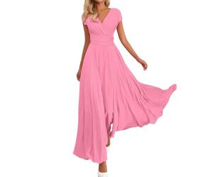 Generico Vestito Lungo Donna Elegante,Vestito Donna Elegante Lungo in Chiffon Abiti da Cerimonia Scollo A V Abito Vestiti Eleganti Curvy Dresses per Cocktail Cerimonia Sera Rosa XXL