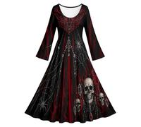 Generico Vestito Lungo Gotico Da Donna Halloween Girocollo Maniche A Campana Stampa Scheletro Rose E Macchie Di Sangue Abito Flusso Per Feste In Maschera Cosplay Eventi Tema