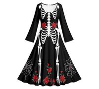 Generico Vestito Lungo Gotico Da Donna Halloween Girocollo Maniche A Campana Stampa Scheletro Rose E Macchie Di Sangue Abito Flusso Per Feste In Maschera Cosplay Eventi Tema