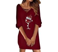 Generico Vestito per Natale Donna - Abito Maglione da Donna con Scollo A V Pullover Ampio Lavorato A Maglia A Maniche Lunghe Abito Natalizio Abito da Festa Vestitino Natale