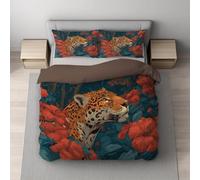 Generico Vintage Copripiumino Singolo 150 x 200 cm + 1 Federa 65 x 65 cm Giungla Giaguaro Fiori Stampa Digitale Petrolio scuro di Biancheria da Letto per Giovani e Adulti con una Federa