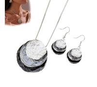 Generico Vintage Enamel Jewelry Set, Boho Layered Earrings Necklaces Set, Triple-layer Hammered Colorful Pendants Necklace, Jewelry Gift for Women Anniversary Birthday (black,white,gray)