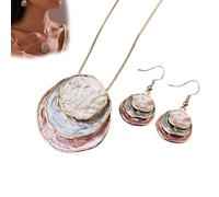 Generico Vintage Enamel Jewelry Set, Boho Layered Earrings Necklaces Set, Triple-layer Hammered Colorful Pendants Necklace, Jewelry Gift for Women Anniversary Birthday (pink)