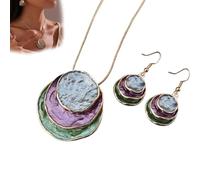 Generico Vintage Enamel Jewelry Set, Boho Layered Earrings Necklaces Set, Triple-layer Hammered Colorful Pendants Necklace, Jewelry Gift for Women Anniversary Birthday (purple green)