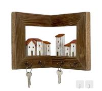 Generico Vintage Key Holder Wall Mount, 3D Rustic Wooden Country Houses Key Hanger with 4 Hooks, Handmade Distressed Keys Rack Organizer for Entryway Doorway Living Room Home Decor