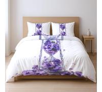 Generico Viola Illustrazione: Clessidra Fiori Romantico Set Di Piumoni Tocco Confortevole CopriPiumino Con Federa Adatto Ai Giovani 220 x 240cm Set Da Tre Pezzi