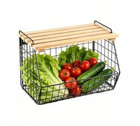 Generico Wall Mounted Wire Basket, Stackable Under Sink Iron Organizer With Wood Lid, Wire Storage Bin For Produce Potatoes Fruits Snacks Vegetables Bread Kitchen Pantry Countertop Space Saving