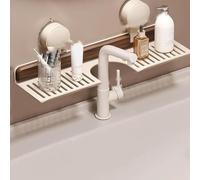 Generico Walnut Bathroom Kitchen Suction Cup Shelf, Wall Mounted No Drilling Storage Shelf Basket Accessories, Wood Faucet Storage Rack, for Vanity, Kitchen (White)