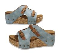 Generico Wedge Sandals for Women Comfortable Platform Slip On Sandals Faux Cork Open Toe Casual Summer Slides Walking Outdoor Beach Chunky Heel Everyday Sandals (blue,42)