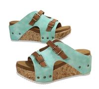 Generico Wedge Sandals for Women Comfortable Platform Slip On Sandals Faux Cork Open Toe Casual Summer Slides Walking Outdoor Beach Chunky Heel Everyday Sandals (green,40)