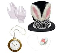Generico White Rabbit Costume - 4 Piece Cosplay Set | Cloth & ABS Bunny Ear Top Hat, White Gloves Clock Bunny Nose Accessories For Wonderland Tea Party Easter Halloween Role Play Events Kids Adults