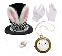 Generico White Rabbit Costume Accessory Set - Rabbits Ears Topper Plush Hat For Halloween Easter Accessories Set | 4 Pieces Tea Party Cosplay Supplies For Role Playing Events Gatherings Celebrations