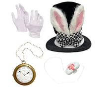 Generico White Rabbit Set, Cosplay Bunny Accessories, 4 Piece Dress-Up Kit with Ears Tail Bow Tie Gloves, Party Costume Props for Halloween Easter Events Theater Performance Adults, Black