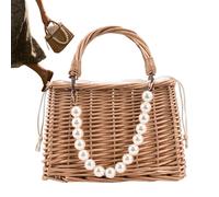 Generico Wicker Beach Bag - 8.86in Woven Tote | Artificial Wicker Bag - Large capacity easy access with ribbon for phone wallet sunglasses cosmetics commuting vacation festival pool use