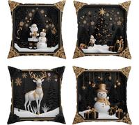 Generico Winter Christmas Throw Pillow Covers Set of 4, White Christmas Theme Decorative Cushion Cases, for Home Sofa Bed Couch 18x18 Inch, Xmas Home Decor (Black,18" x 18" (Pack of 4))