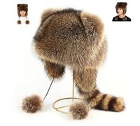 Generico Winter Cute Raccoon Plush Hats, Faux Fur Raccoon Tail Parent-Child Plush Hat with Tail, Soft Cozy Thick Warm Furry Hat (1-3 years)