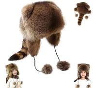 Generico Winter Cute Raccoon Plush Hats, Raccoon Hat with Tail, Faux Fur Windproof Hooded, for Man & Women (M)