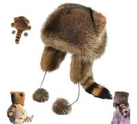 Generico Winter Cute Raccoon Plush Hats, Woman Teens Casual Winter Keep Warm Hat, Soft Cozy Thick Warm Furry Hat (7-12 Years)
