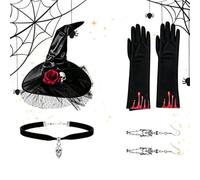 Generico Witch Hat Accessories, Skull Choker Necklace Earrings Gloves Set