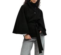 Generico Women Batwing Sleeve Ponchos Pea Coat Belted Cropped Pea Coat for Fall Winter Jacket Wool Stand Collar Belt Capes Overcoat (black,S)