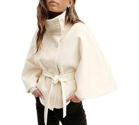 Generico Women Batwing Sleeve Ponchos Pea Coat Belted Cropped Pea Coat for Fall Winter Jacket Wool Stand Collar Belt Capes Overcoat (white,S)