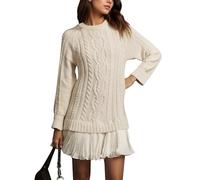 Generico Women Cable Knit Sweater Dress Crewneck Long Sleeve Pleated Mini Dress, Two-Way Casual Long-Sleeve Knit Dress (off-White,XL)