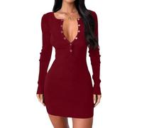 Generico Women Long Sleeve Sweater Dress, Autumn And Winter Ribbed Stretch Knit Mini Dresses, for Daily Wear, Work, Date, Club, Cocktail Party (Red,L)