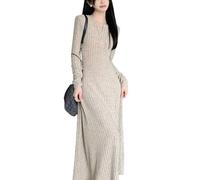 Generico Women Ribbed Knit Maxi Dress Long Sleeve V Neck, Bodycon Sweater Dress, Slim Fit A-Line Long Dres Party Clubwear, Button Vintage Classic A-Line Graceful Vestidos (Light Brown,M)