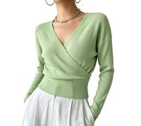 Generico Women’s Wrap V Neck Sweater, Long Sleeve Fitted Knit Pullover Top | Soft stretchy wrap sweater with a crossover V-neck and fitted waist for work, casual wear