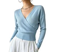 Generico Women’s Wrap V Neck Sweater, Long Sleeve Fitted Knit Pullover Top | Soft stretchy wrap sweater with a crossover V-neck and fitted waist for work, casual wear