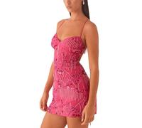 Generico Women Sequin Sparkly Rhinestone Mini Dress Sleeveless, Sexy V-Neck Halter Spaghetti Strap Embroidered Short Dress, for Party Club (Rose Red,S)