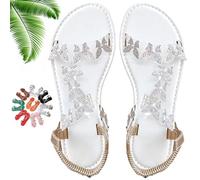 Generico Women Sparkly Rhinestones Butterfly Flat Sandals with Ankle Strap, Elegant Comfortable Glitter Open Toe Flat Shoes (White,39)