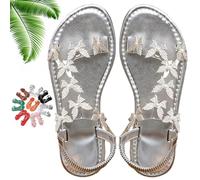 Generico Women Sparkly Rhinestones Butterfly Flat Sandals with Ankle Strap, Elegant Comfortable Glitter Open Toe Flat Shoes (Silver,38)