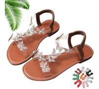 Generico Women Sparkly Rhinestones Butterfly Flat Sandals with Ankle Strap, Elegant Comfortable Glitter Open Toe Flat Shoes (Brown,41)