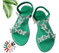 Generico Women Sparkly Rhinestones Butterfly Flat Sandals with Ankle Strap, Elegant Comfortable Glitter Open Toe Flat Shoes (Green,38)