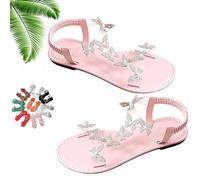 Generico Women Sparkly Rhinestones Butterfly Flat Sandals with Ankle Strap, Elegant Comfortable Glitter Open Toe Flat Shoes (Pink,39)