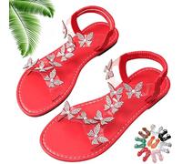 Generico Women Sparkly Rhinestones Butterfly Flat Sandals with Ankle Strap, Elegant Comfortable Glitter Open Toe Flat Shoes (Red,42)