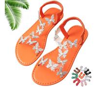 Generico Women Sparkly Rhinestones Butterfly Flat Sandals with Ankle Strap, Elegant Comfortable Glitter Open Toe Flat Shoes (Orange,42)