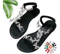 Generico Women Sparkly Rhinestones Butterfly Flat Sandals with Ankle Strap, Elegant Comfortable Glitter Open Toe Flat Shoes (Black,41)
