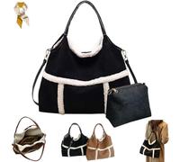 Generico Women Suede Tote with Faux Lamb Wool Lined,Vintage Large Capacity Plush Shoulder Bag,Faux Fur Top Handle Handbag Travel Purse (Black)