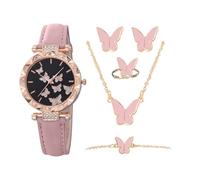 Generico Women Watches, 5 Pieces Butterfly Watch Set, PU Leather Strap Lady Wristwatch, Stylish Fashioned Accessory, Waterproof Bracelet Set, Ideal for Travel, Wedding, Birthday Presents