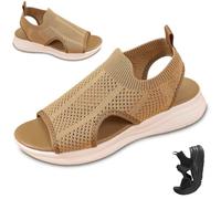 Generico Women Wide Fit Sandals Comfortable Orthopedic Platform Walking Sport Slides with Arch Support Breathable Mesh Shoes (Khaki,40)