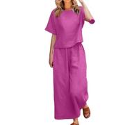 Generico Women's 2 Piece Outfits Linen Lounge Set Tracksuits Loungewear Short Sleeve Crop Top and Wide Leg Pants Matching Set (pink,XXL)