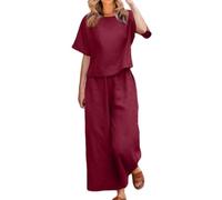 Generico Women's 2 Piece Outfits Linen Lounge Set Tracksuits Loungewear Short Sleeve Crop Top and Wide Leg Pants Matching Set (red,S)