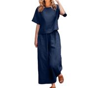 Generico Women's 2 Piece Outfits Linen Lounge Set Tracksuits Loungewear Short Sleeve Crop Top and Wide Leg Pants Matching Set (blue,L)